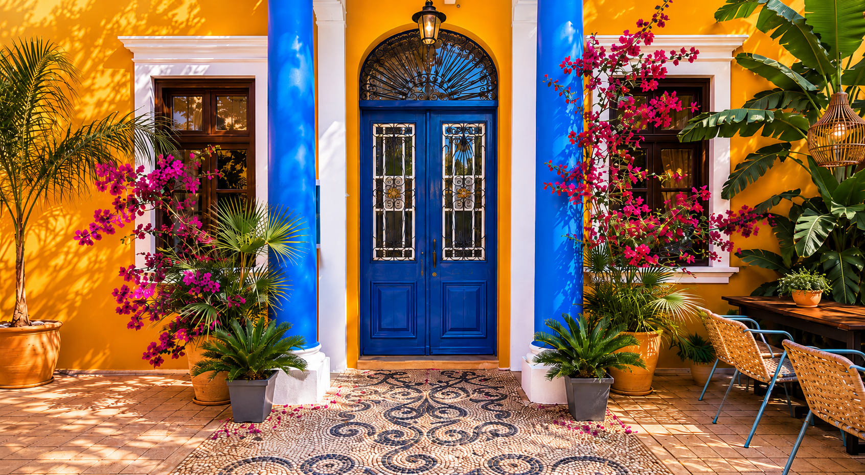 Rhodes Youth Hostel entrance with blue door and courtyard plants