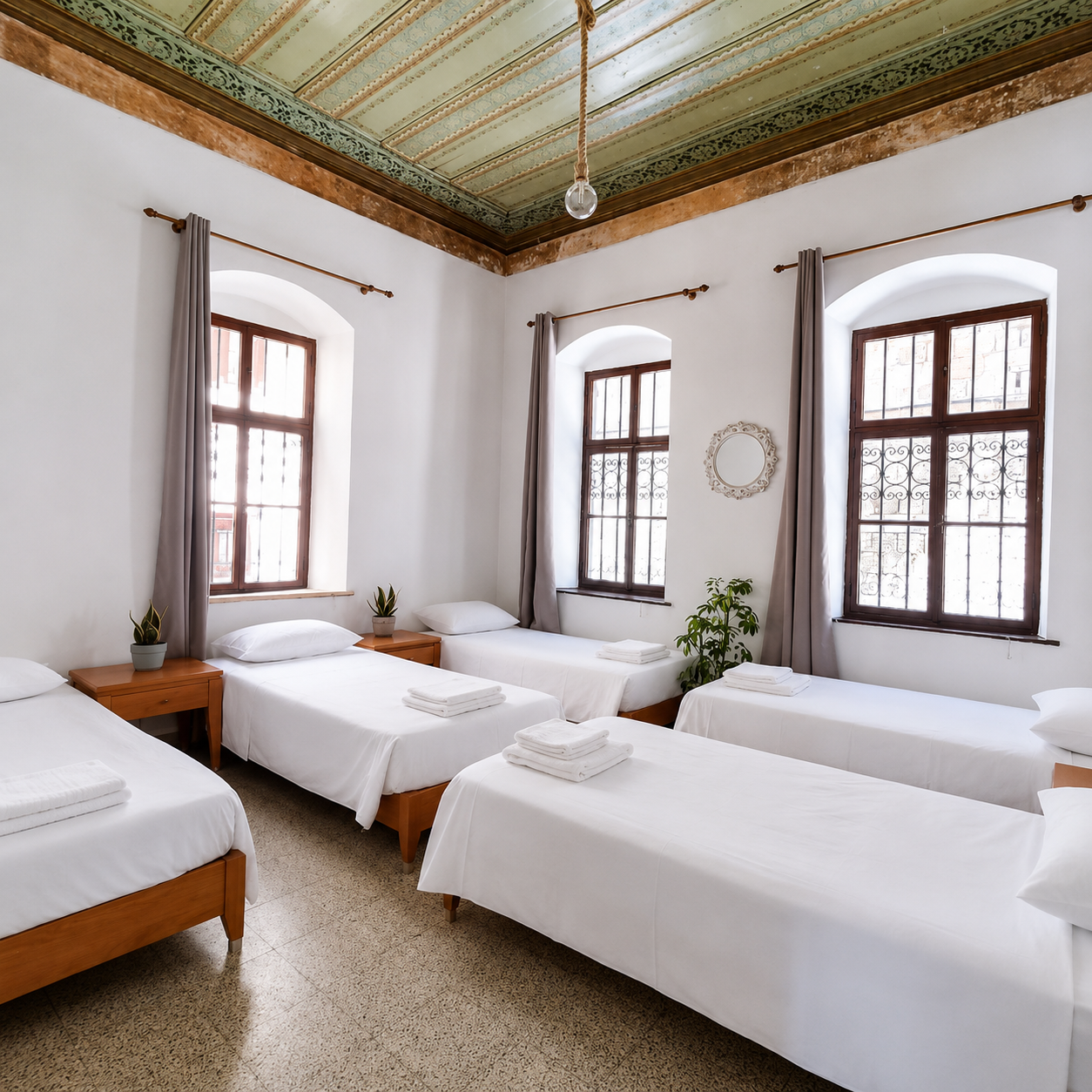 Male dorm room with single beds at Rhodes Youth Hostel in Rhodes Old Town