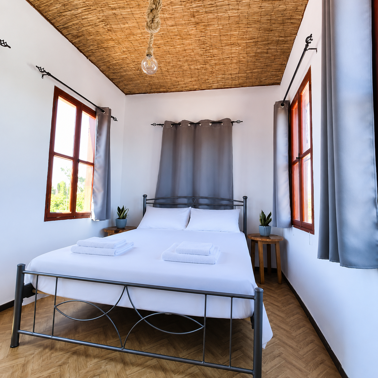Private double room with wooden ceiling at Rhodes Youth Hostel