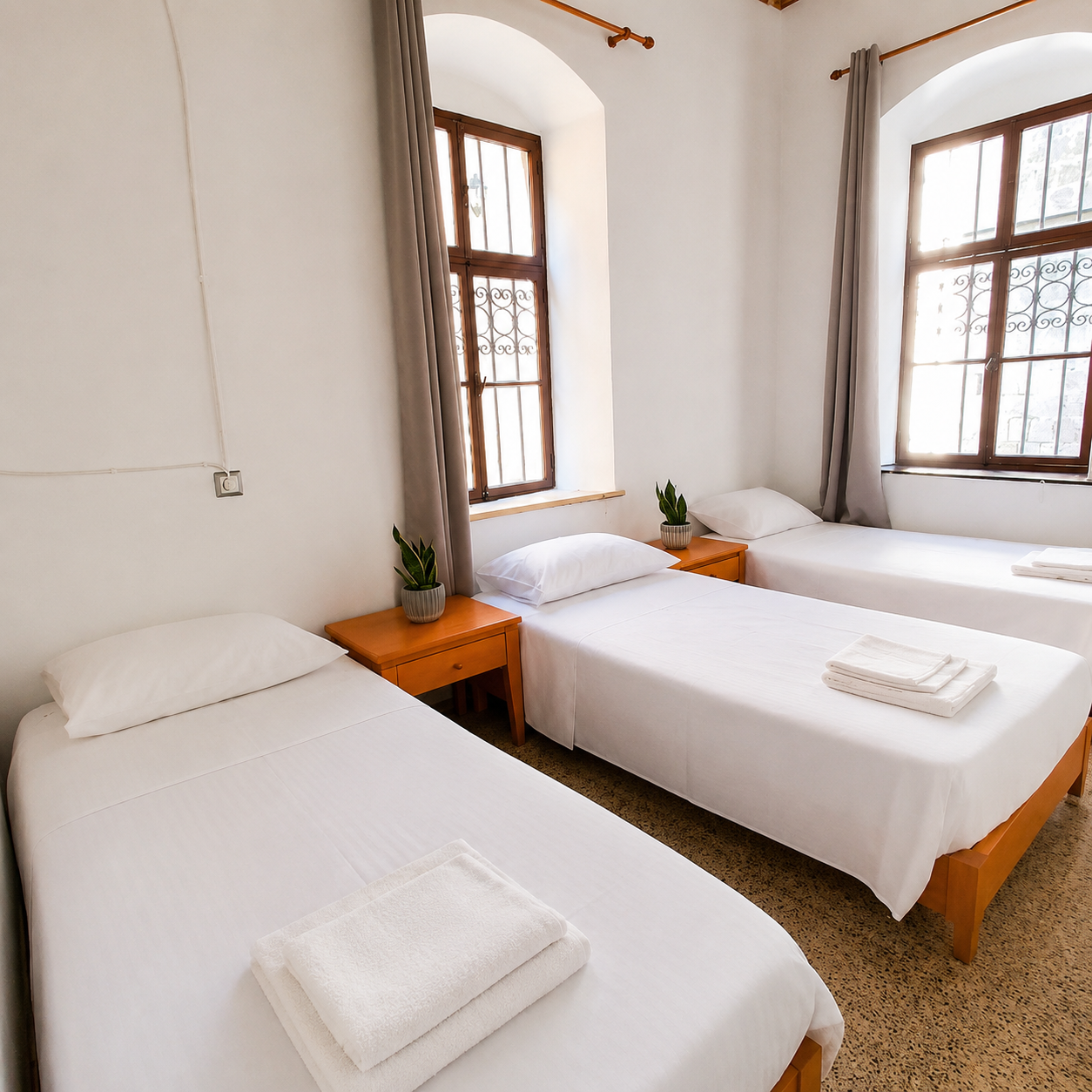 Shared dorm room with beds and fresh towels at Rhodes Youth Hostel