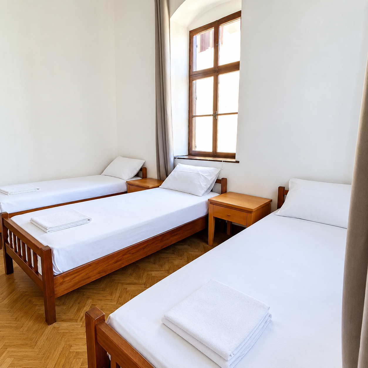Shared dorm room with single beds at Rhodes Youth Hostel in Rhodes Old Town