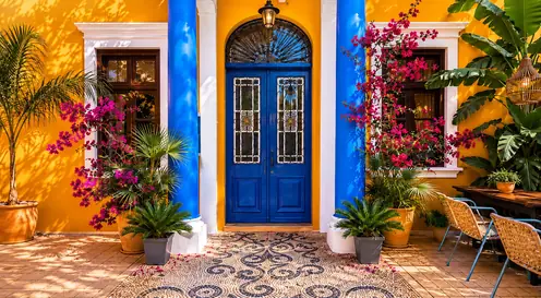 Rhodes Youth Hostel entrance with blue door