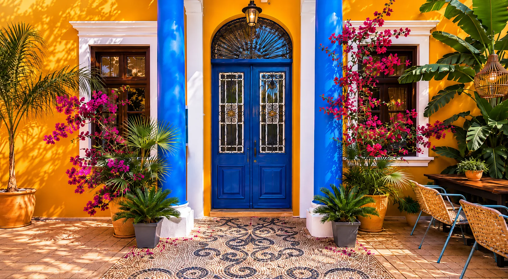 Rhodes Youth Hostel entrance with blue door and courtyard plants
